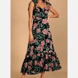 Lulu's Black and Pink Floral Midi Dress